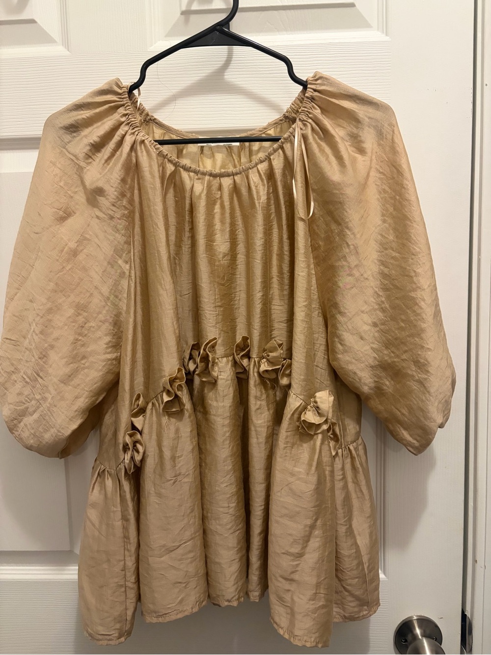 Womens Tan Peasant Blouse with Ruffle Detail